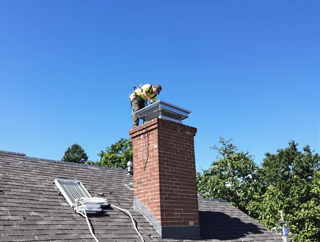Avon Chimney Sweep technician measuring a chimney cap in Avon, CT